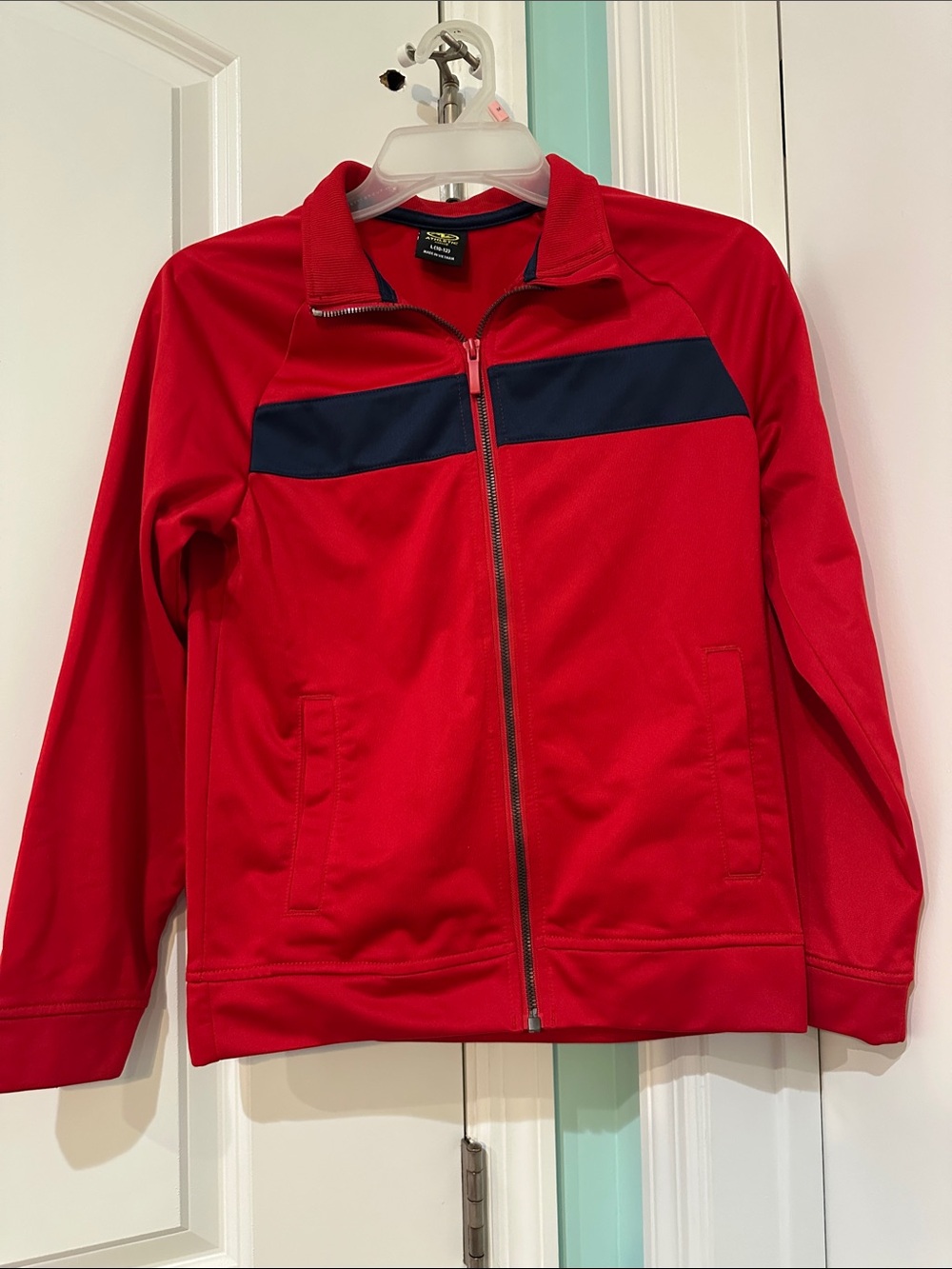 Logo Athletic Red Kids Zip Jacket with Navy Chest Stripe